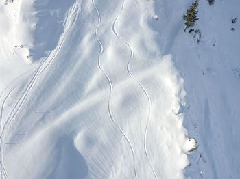 High angle view of snow covered field