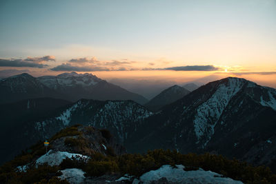 Scenic view of snowcapped mountains against sky during sunset