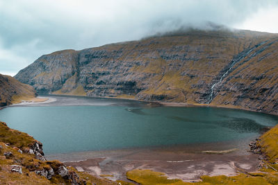 Scenic view of lake against cloudy sky