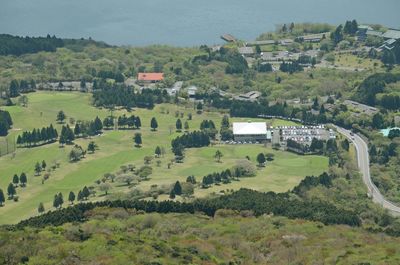 Scenic view of trees and houses on field