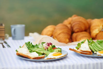 Close-up of breakfast served on table