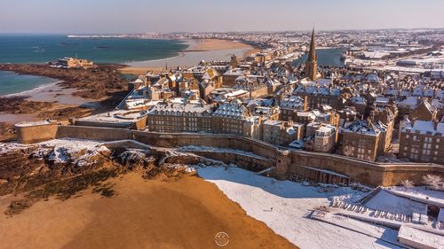 High angle view of city during winter