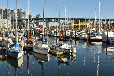 Boats moored at harbor against clear sky