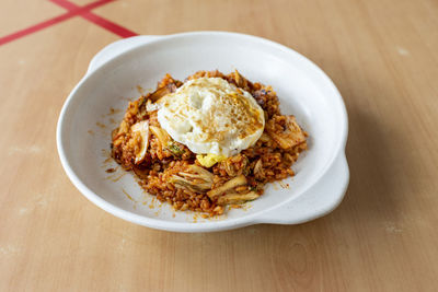 High angle view of food served on table