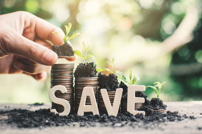 Cropped image of hand putting seedlings on stacked coins with text