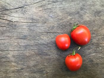 High angle view of cherry tomatoes on table