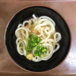 High angle view of noodles in bowl on table