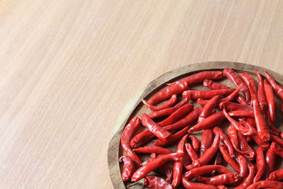High angle view of red chili peppers in container