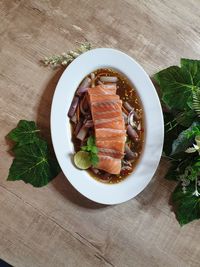 High angle view of food in plate on table