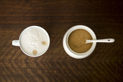High angle view of coffee cup on table