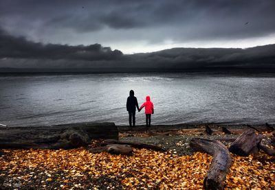 Rear view of siblings standing against lake