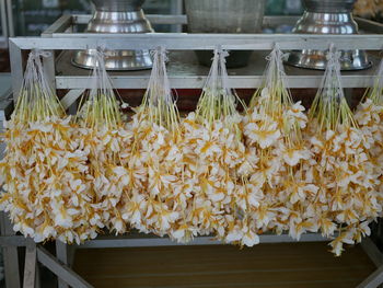 High angle view of flowers hanging on wood