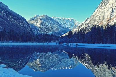 Scenic view of lake and snowcapped mountains against sky