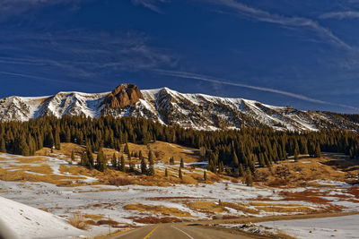 Scenic view of snow covered mountains against sky