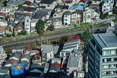 High angle view of buildings in city