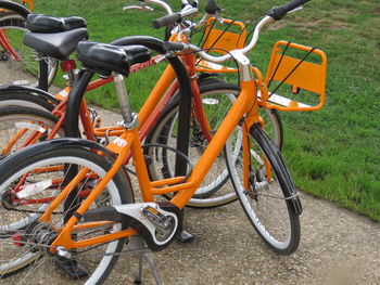 High angle view of bicycle parked on field