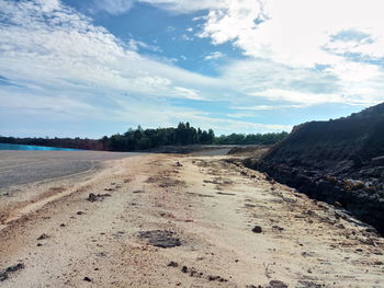 Dirt road amidst landscape against sky