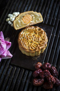 High angle view of dessert on table