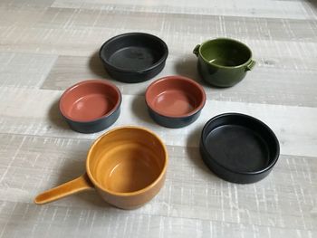 High angle view of various utensils on table