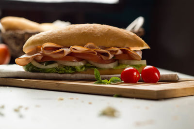 Close-up of burger on cutting board