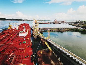 High angle view of commercial dock against sky