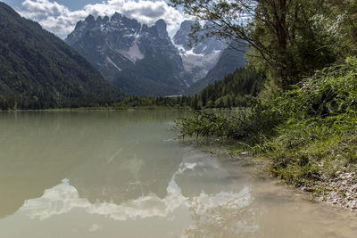 Scenic view of lake and mountains against sky