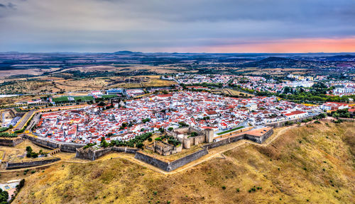 High angle shot of townscape against sky