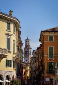 Low angle view of buildings against clear sky