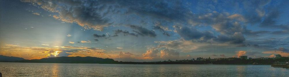 Panoramic view of lake against sky during sunset