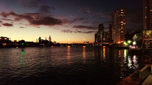 City at waterfront during sunset