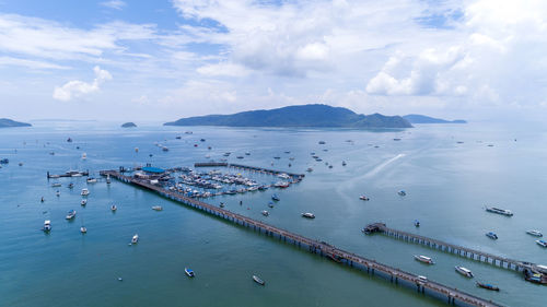 High angle view of boats at harbor