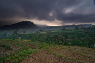 High angle view of landscape against sky during sunset