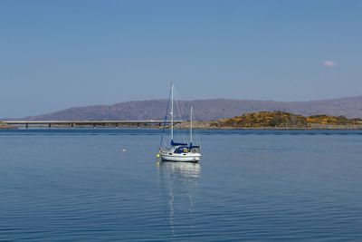 Sailboat sailing on sea against clear sky