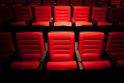 Full frame shot of empty red seats in auditorium