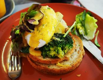 Close-up of breakfast served in plate