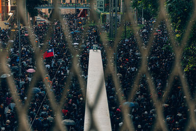 High angle view of people on street in city