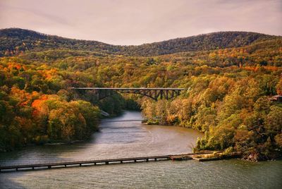 Footbridge over river during autumn