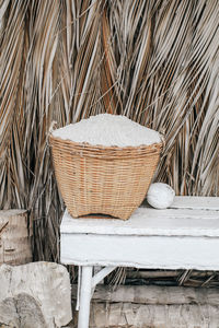 High angle view of wicker basket on table