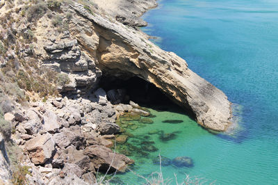 High angle view of rock formations in sea