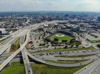 High angle view of street amidst buildings in city