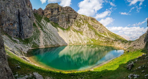 Panoramic view of lake amidst mountains against sky