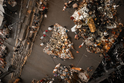 High angle view of people at market in city