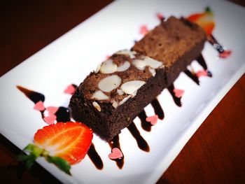 High angle view of cake in plate on table