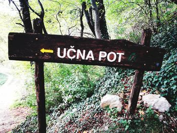 Information sign on tree in forest