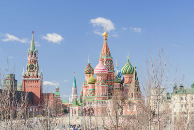 View from zaryadye city park on st basils cathedral and spasskaya tower of moscow kremlin