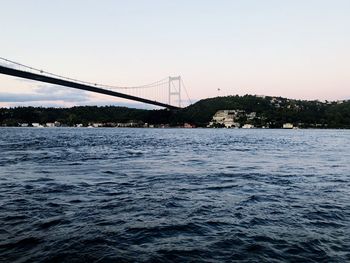 Suspension bridge over river against clear sky