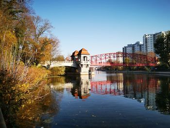 Scenic view of lake by buildings against clear sky