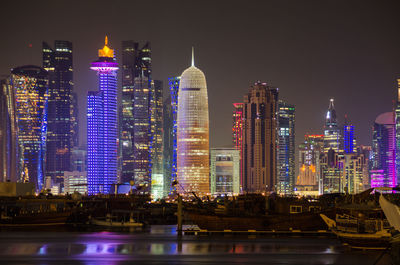 Illuminated buildings in city at night