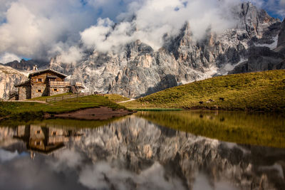 Landscape of pale di san martino with baita segantini, in val venegia, trentino alto adige.