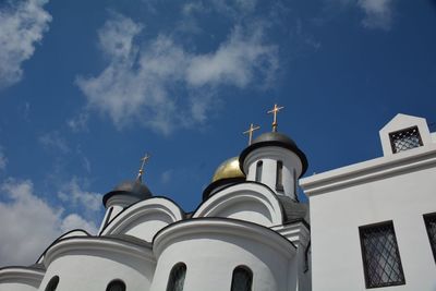 Low angle view of church against blue sky